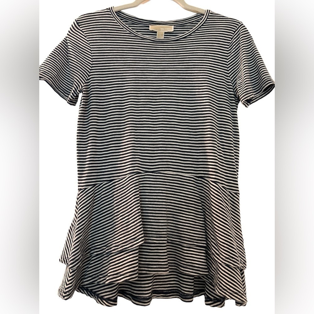 MICHAEL KORS tiered Tshirt, size medium, black and white stripes, all cotton.